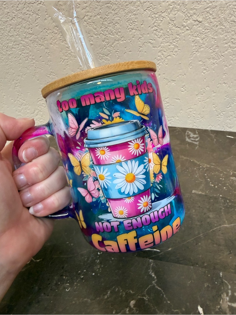 Too Many Kids Not Enough Caffeine Large Glass Coffee Mug with Lid Handmade